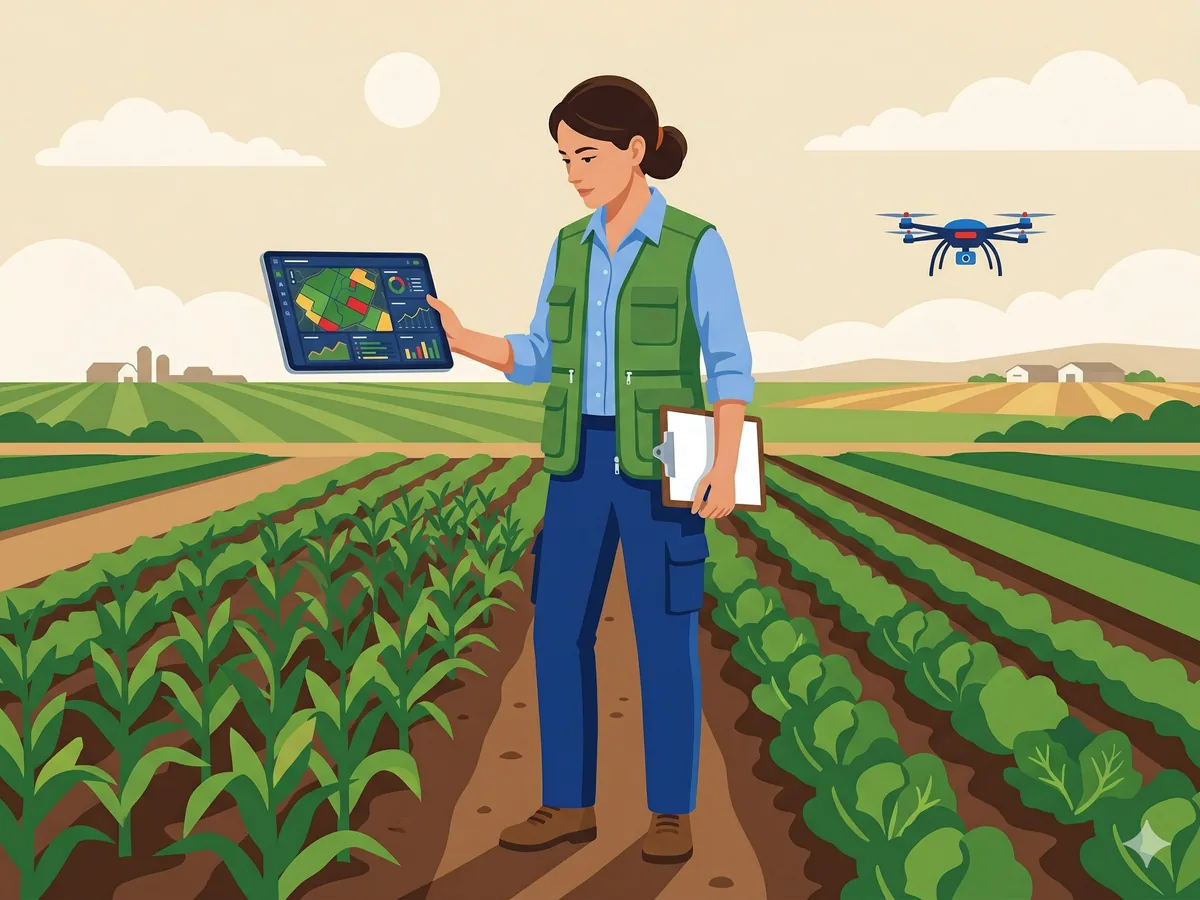 Agronomist with crop analytics tablet standing in a healthy field with drone flying in background