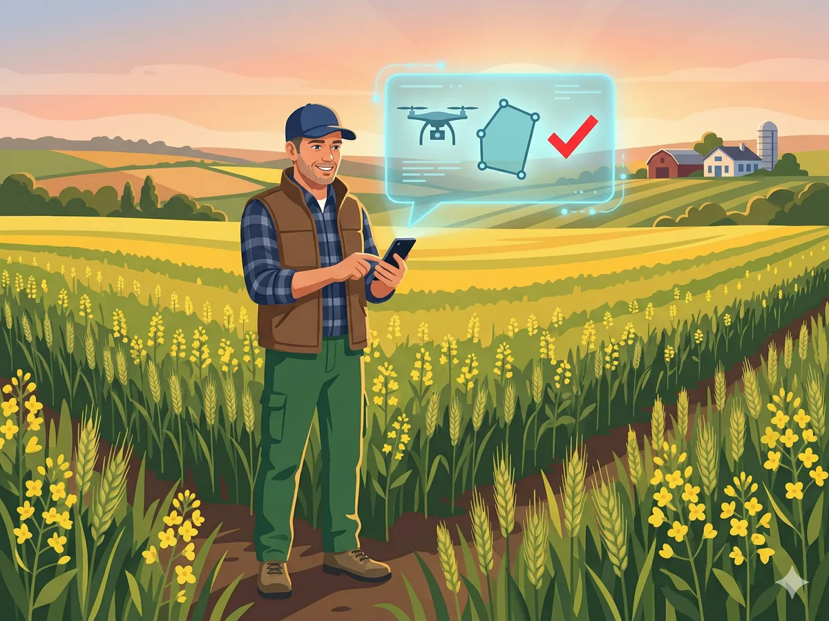 Farmer in a crop field ordering a drone spray using smartphone with holographic order summary