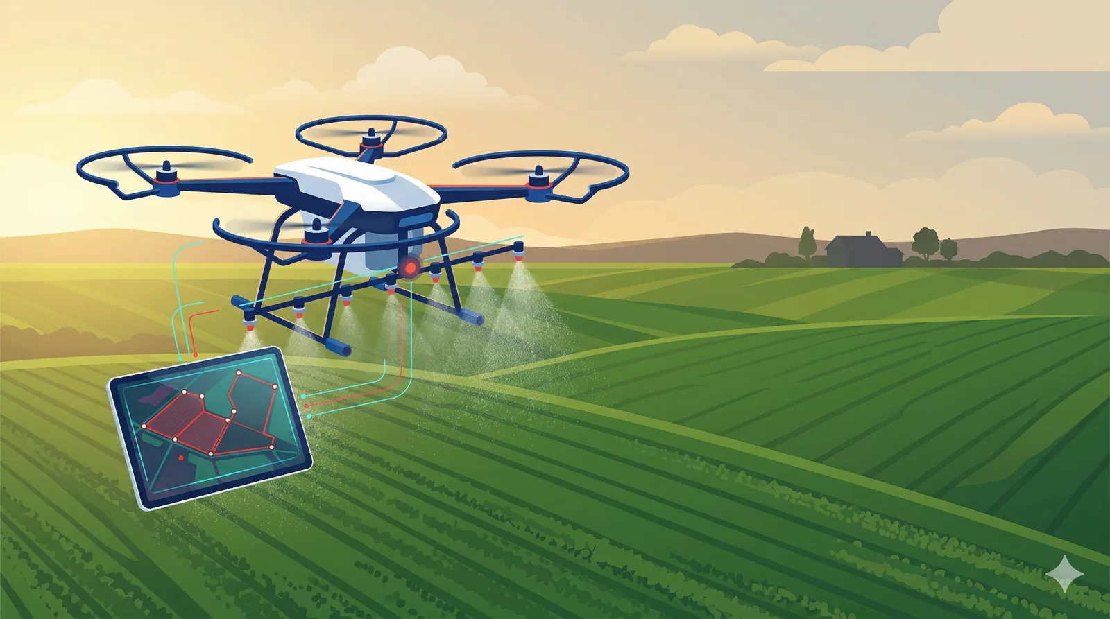 Agricultural drone spraying crops over a green field with a tablet showing field polygon map interface