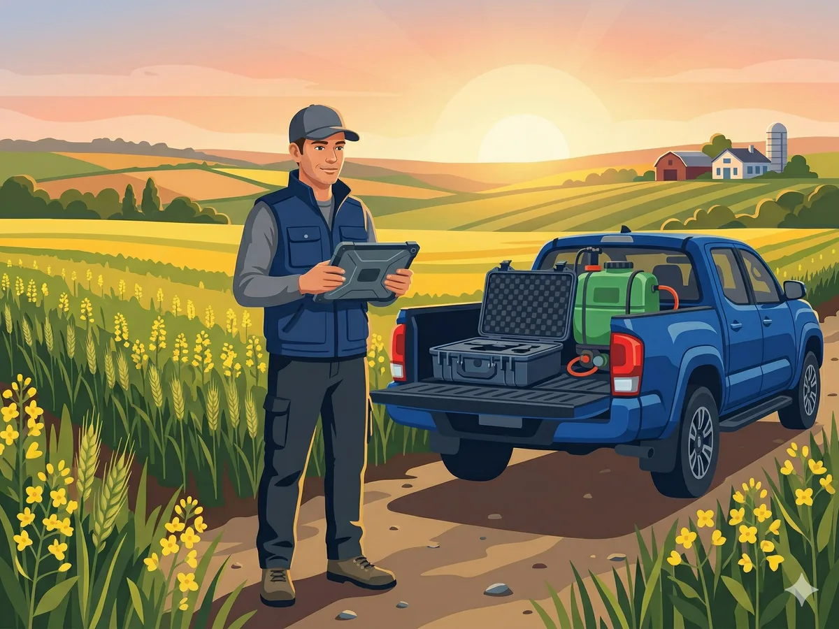 Professional drone pilot with tablet and pickup truck preparing for agricultural spraying mission